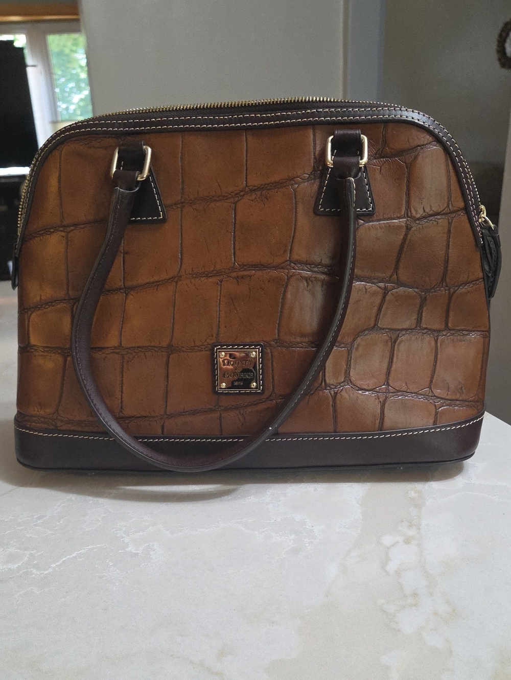 Dooney & Bourke Brown Croc-Embossed Shoulder Bag with Dark Trim